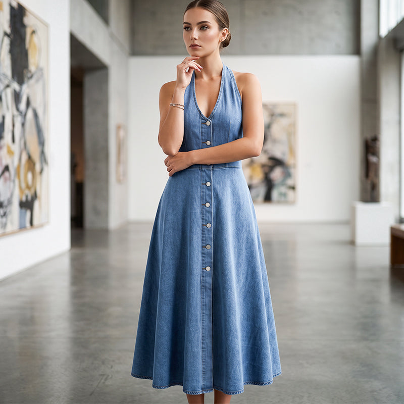 ☀️✨ Sleeveless denim dress with V-neck and bare back for women - feminine, airy & ready for the holidays💙