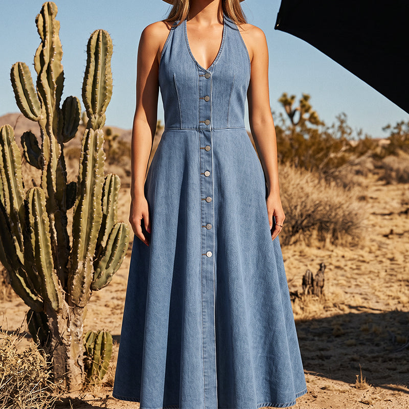 ☀️✨ Sleeveless denim dress with V-neck and bare back for women - feminine, airy & ready for the holidays💙