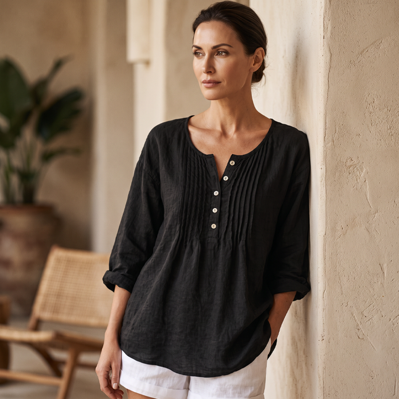🔥👚2026 Sommer-Hot-Sale⚡️Damen Langarm Plissierte Henley-Hals Bluse✨Weich Atmungsaktiv Elegant Lässiges Plissiertes Oberteil Tägliches Pendler-Outfit💐