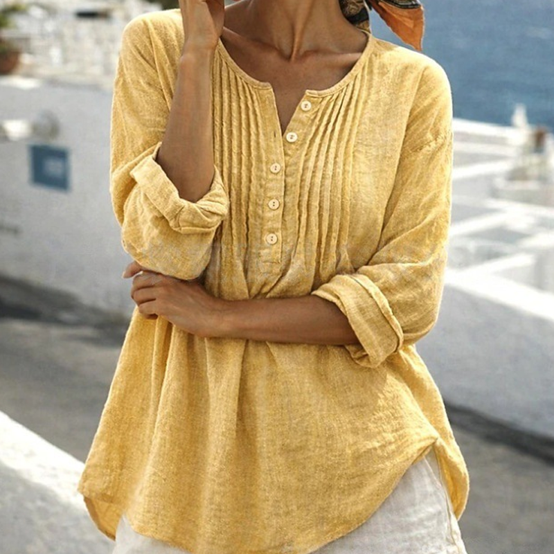 🔥👚2026 Sommer-Hot-Sale⚡️Damen Langarm Plissierte Henley-Hals Bluse✨Weich Atmungsaktiv Elegant Lässiges Plissiertes Oberteil Tägliches Pendler-Outfit💐