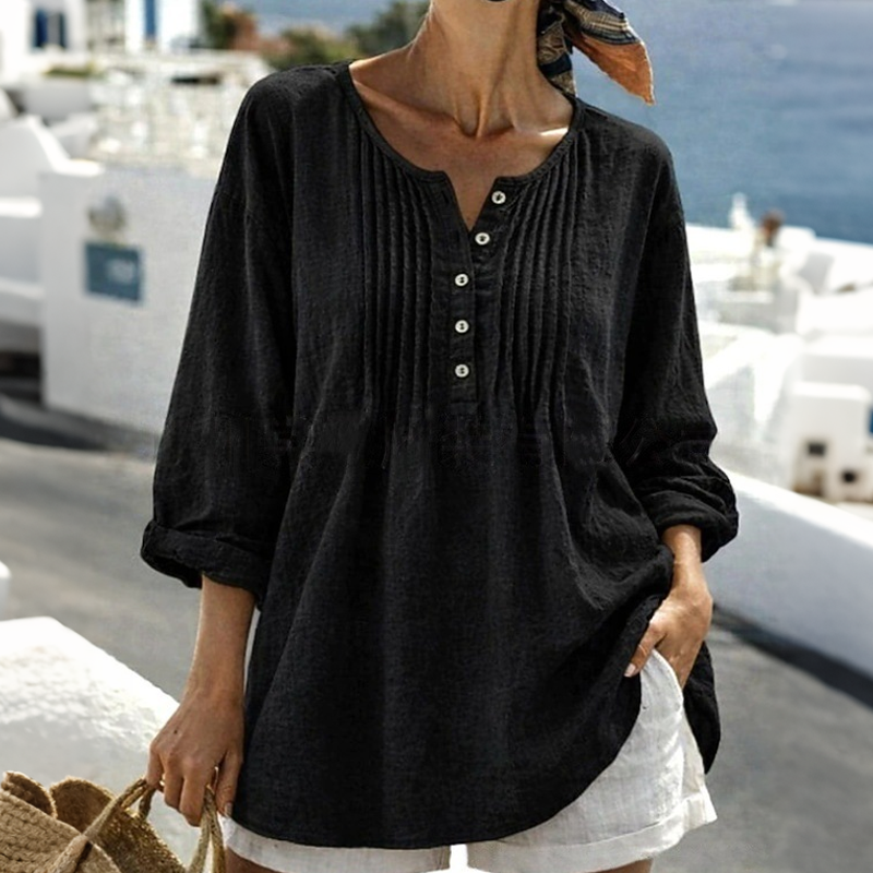 🔥👚2026 Sommer-Hot-Sale⚡️Damen Langarm Plissierte Henley-Hals Bluse✨Weich Atmungsaktiv Elegant Lässiges Plissiertes Oberteil Tägliches Pendler-Outfit💐