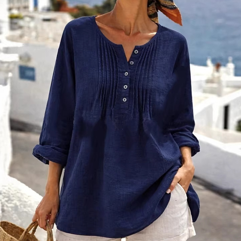 🔥👚2026 Sommer-Hot-Sale⚡️Damen Langarm Plissierte Henley-Hals Bluse✨Weich Atmungsaktiv Elegant Lässiges Plissiertes Oberteil Tägliches Pendler-Outfit💐