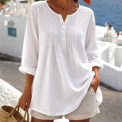 🔥👚2026 Sommer-Hot-Sale⚡️Damen Langarm Plissierte Henley-Hals Bluse✨Weich Atmungsaktiv Elegant Lässiges Plissiertes Oberteil Tägliches Pendler-Outfit💐