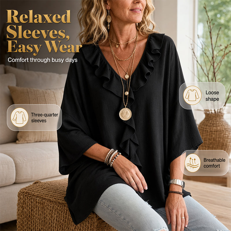 Trending Now⭐💫 Flowy V-Neck Top with Ruffle Accent – Versatile Solid Color That Pairs with Everything