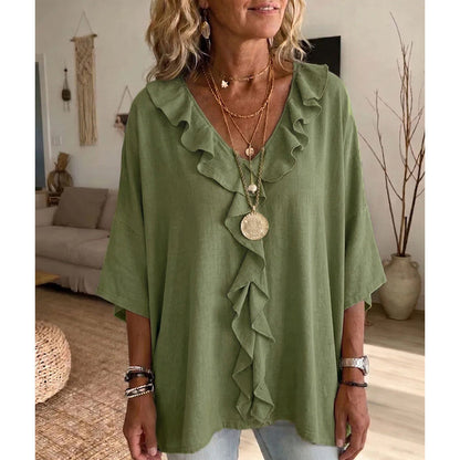 Trending Now⭐💫 Flowy V-Neck Top with Ruffle Accent – Versatile Solid Color That Pairs with Everything