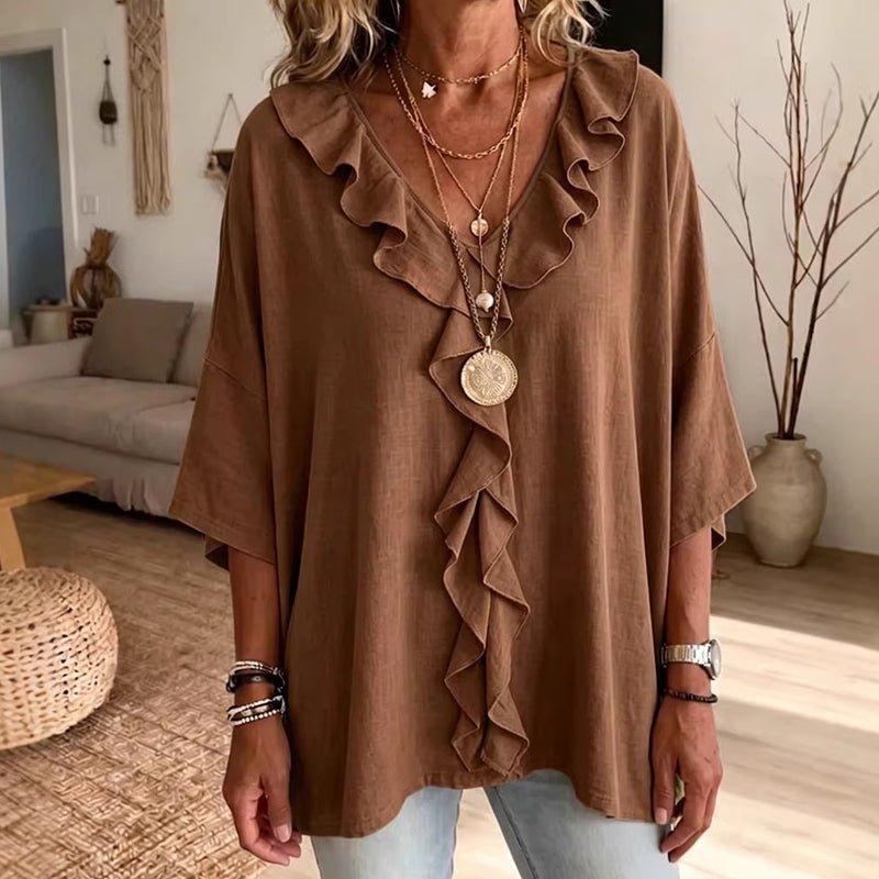 Trending Now⭐💫 Flowy V-Neck Top with Ruffle Accent – Versatile Solid Color That Pairs with Everything