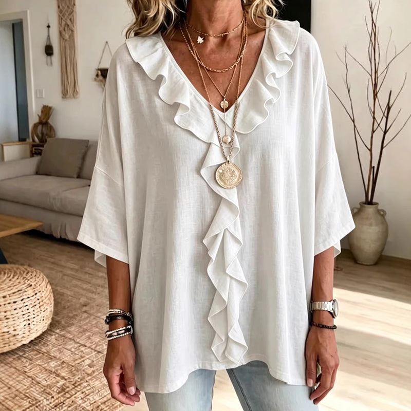 Trending Now⭐💫 Flowy V-Neck Top with Ruffle Accent – Versatile Solid Color That Pairs with Everything