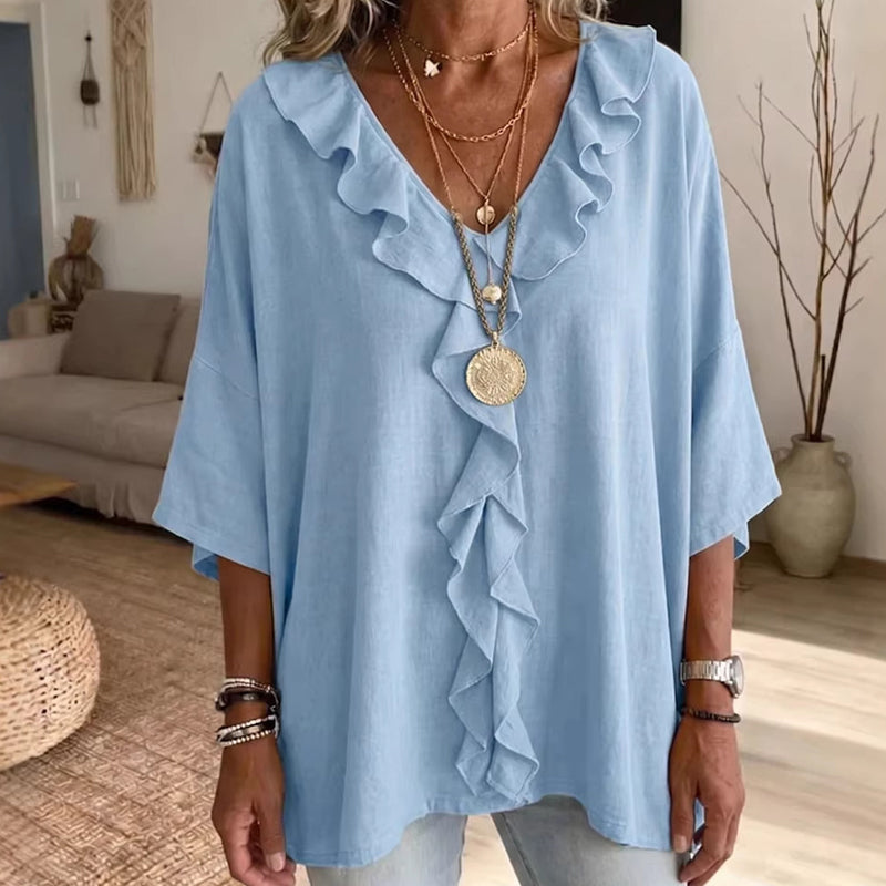 Trending Now⭐💫 Flowy V-Neck Top with Ruffle Accent – Versatile Solid Color That Pairs with Everything
