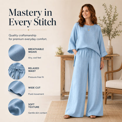 🍂 Late Summer: Women's Two-Piece Linen Blend Set, Casual Style ✨ Combining Comfort and Classic Style