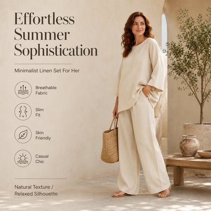 🍂 Late Summer: Women's Two-Piece Linen Blend Set, Casual Style ✨ Combining Comfort and Classic Style