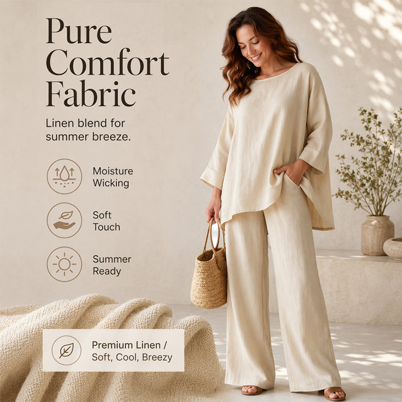 🍂 Late Summer: Women's Two-Piece Linen Blend Set, Casual Style ✨ Combining Comfort and Classic Style