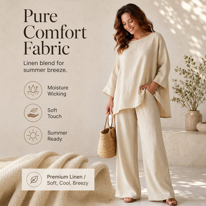 🍂 Late Summer: Women's Two-Piece Linen Blend Set, Casual Style ✨ Combining Comfort and Classic Style