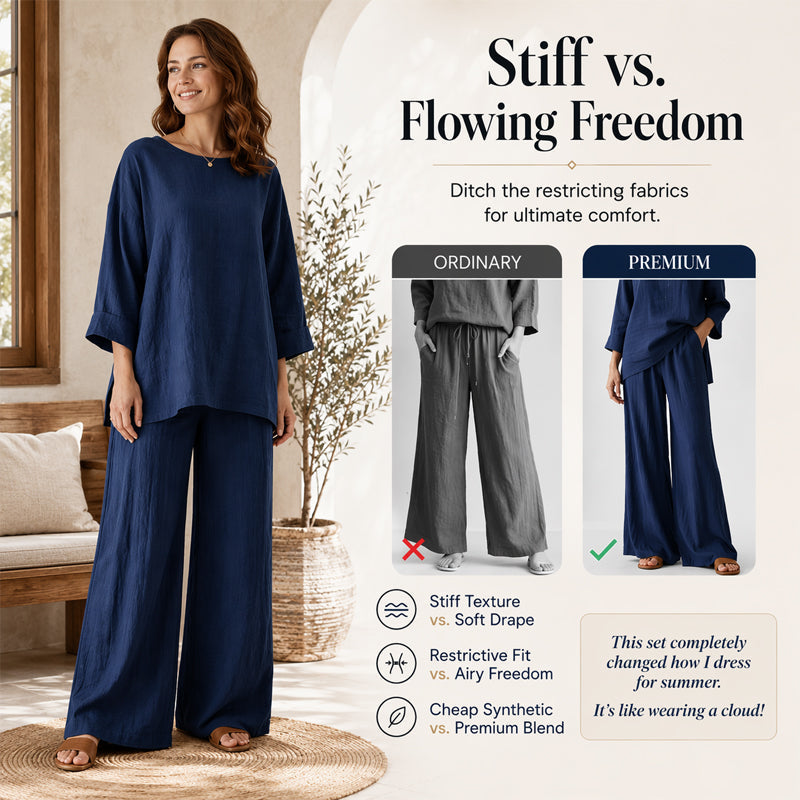 🍂 Late Summer: Women's Two-Piece Linen Blend Set, Casual Style ✨ Combining Comfort and Classic Style