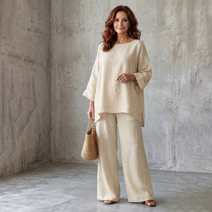 🍂 Late Summer: Women's Two-Piece Linen Blend Set, Casual Style ✨ Combining Comfort and Classic Style