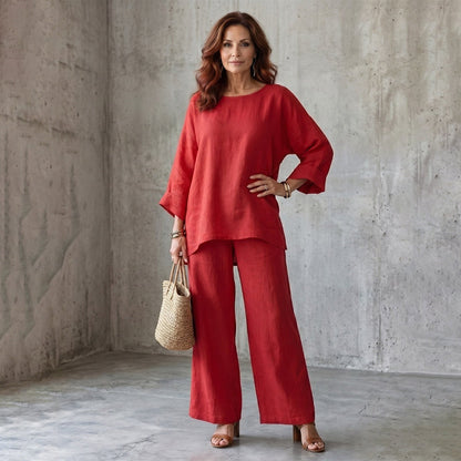 🍂 Late Summer: Women's Two-Piece Linen Blend Set, Casual Style ✨ Combining Comfort and Classic Style