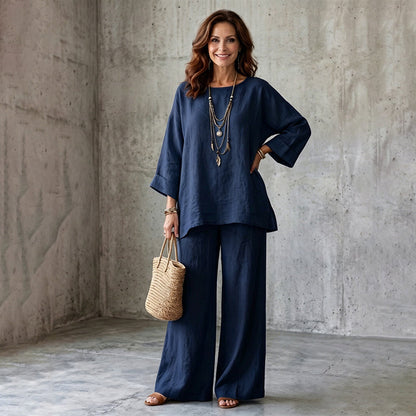 🍂 Late Summer: Women's Two-Piece Linen Blend Set, Casual Style ✨ Combining Comfort and Classic Style