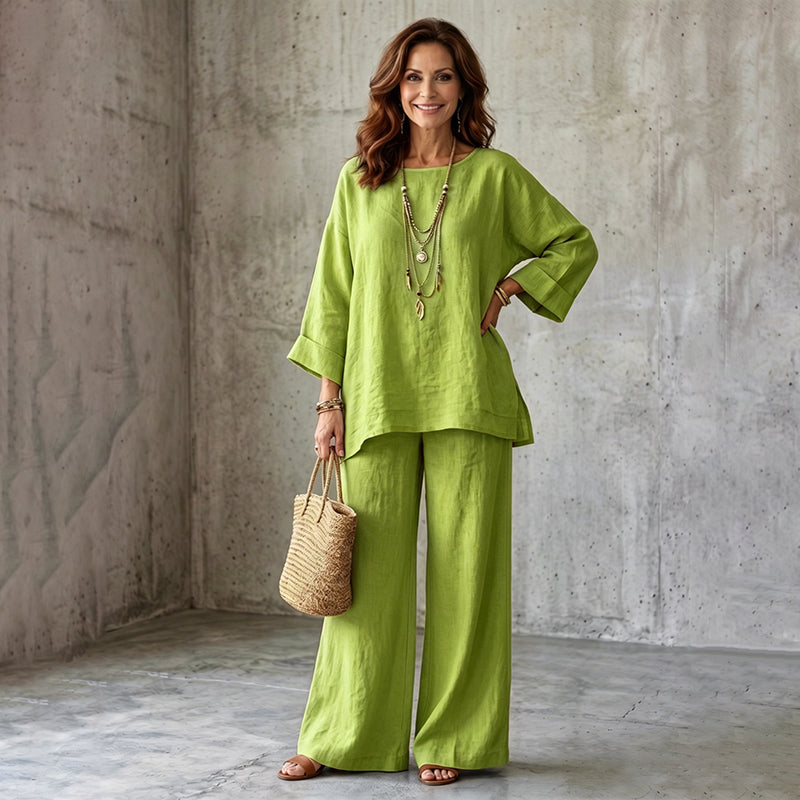 🍂 Late Summer: Women's Two-Piece Linen Blend Set, Casual Style ✨ Combining Comfort and Classic Style