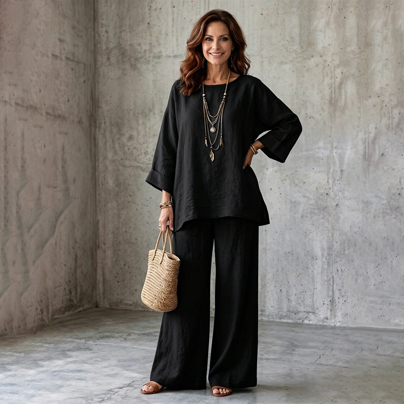 🍂 Late Summer: Women's Two-Piece Linen Blend Set, Casual Style ✨ Combining Comfort and Classic Style