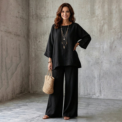 🍂 Late Summer: Women's Two-Piece Linen Blend Set, Casual Style ✨ Combining Comfort and Classic Style