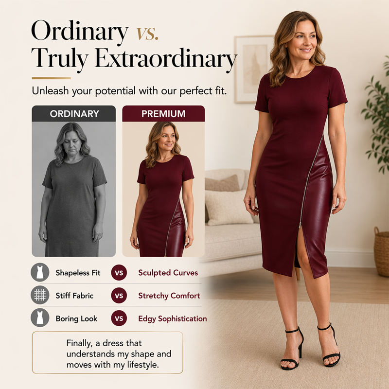 ✨ Damen-Patchwork-Kleid aus Kunstleder – Eleganter Chic trifft mühelosen Stil 🖤