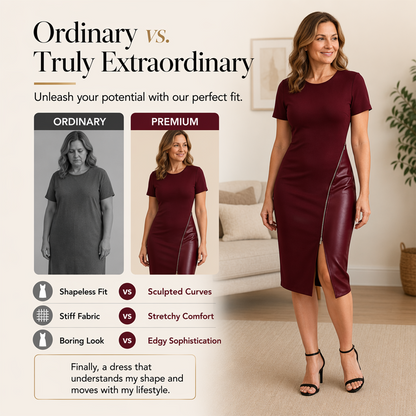 ✨ Damen-Patchwork-Kleid aus Kunstleder – Eleganter Chic trifft mühelosen Stil 🖤