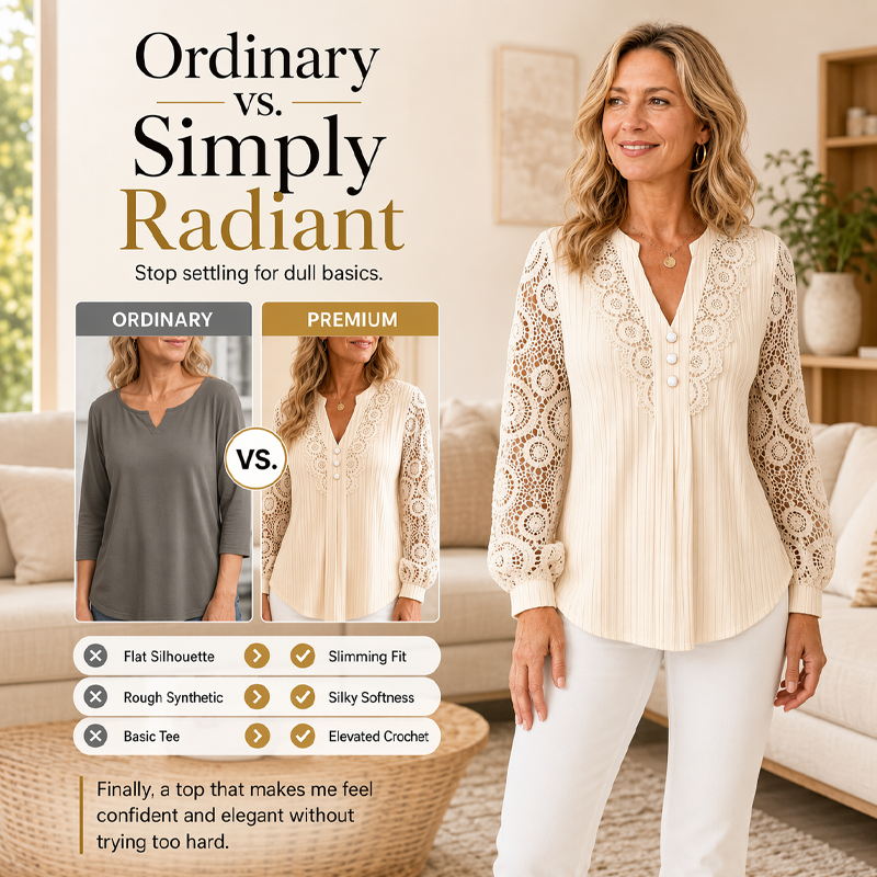 ✨Women's Lace Patchwork V-Neck Long Sleeve Top – Feminine Elegance With Everyday Comfort 🌸