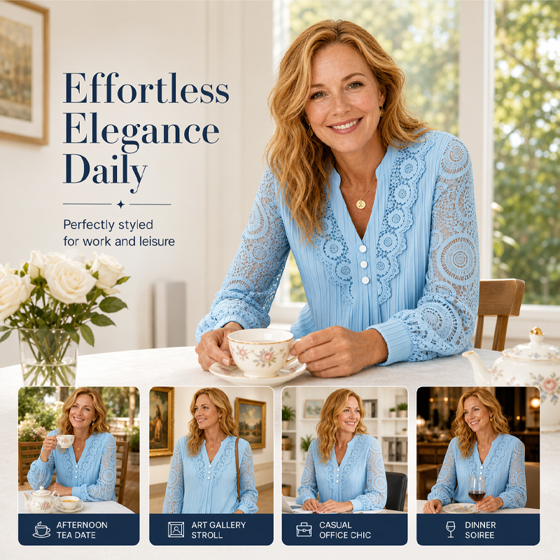 ✨Women's Lace Patchwork V-Neck Long Sleeve Top – Feminine Elegance With Everyday Comfort 🌸