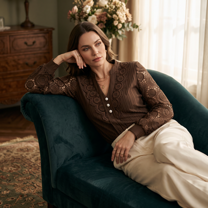 ✨Women's Lace Patchwork V-Neck Long Sleeve Top – Feminine Elegance With Everyday Comfort 🌸