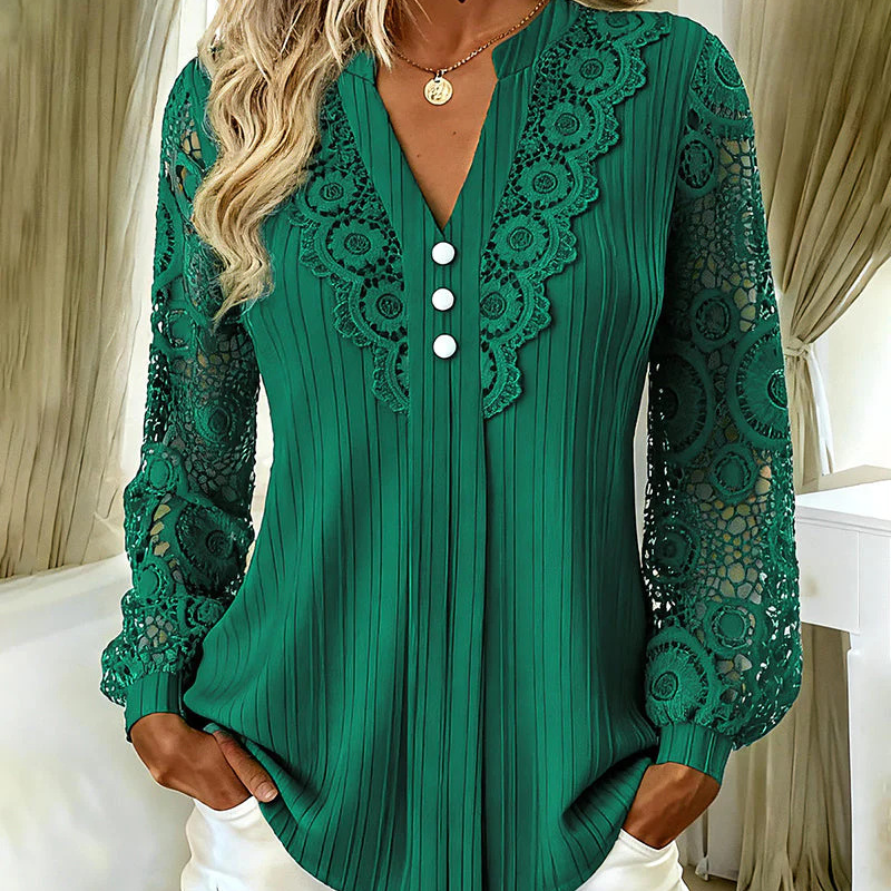 ✨Women's Lace Patchwork V-Neck Long Sleeve Top – Feminine Elegance With Everyday Comfort 🌸