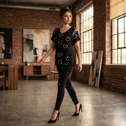 🎉 2026 Sale — Over 35,000 Sold! 💞 Women's V-Neck Heart Print Top – Sweet Love Style 🌸