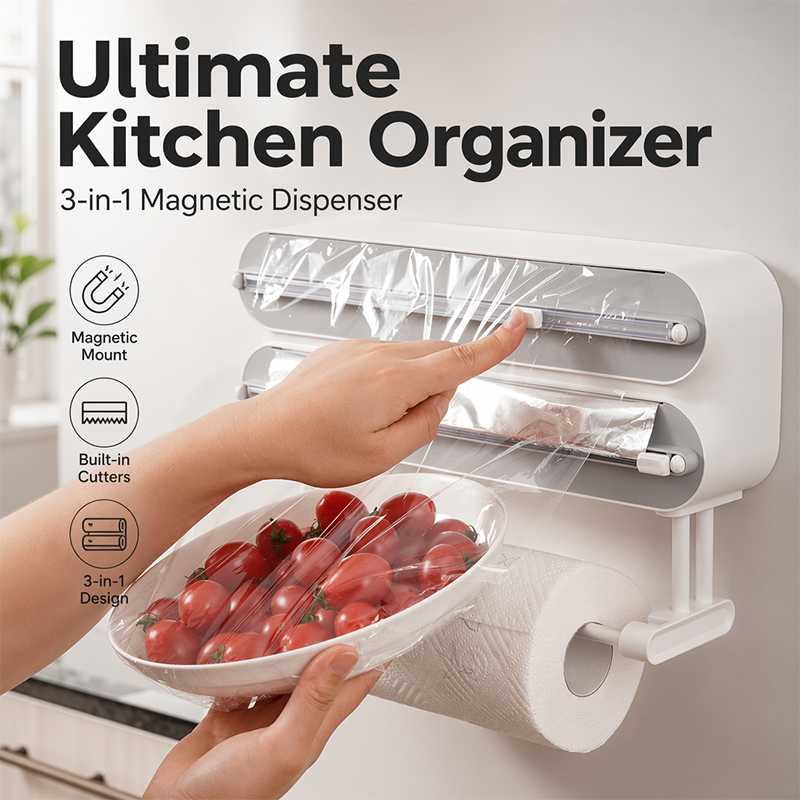 🧲50% OFF NOW! 3-in-1 Magnetic Kitchen Wrap Dispenser – Built-in Cutter Plastic Wrap Foil Dispenser with Paper Towel Holder, No Drilling Wall Mount Kitchen Organizer for Fridge & Cabinet