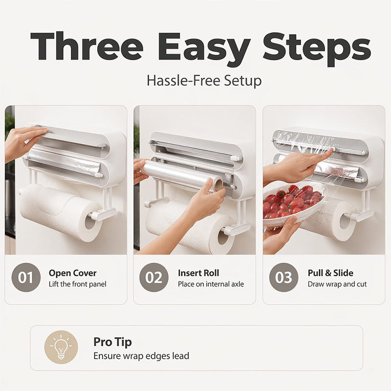 🧲50% OFF NOW! 3-in-1 Magnetic Kitchen Wrap Dispenser – Built-in Cutter Plastic Wrap Foil Dispenser with Paper Towel Holder, No Drilling Wall Mount Kitchen Organizer for Fridge & Cabinet