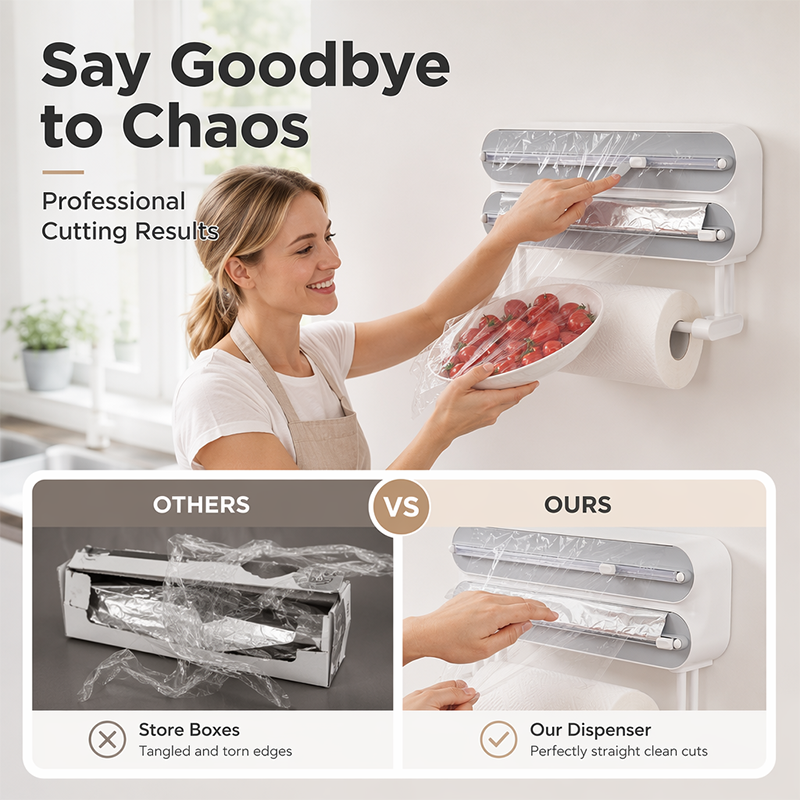 🧲50% OFF NOW! 3-in-1 Magnetic Kitchen Wrap Dispenser – Built-in Cutter Plastic Wrap Foil Dispenser with Paper Towel Holder, No Drilling Wall Mount Kitchen Organizer for Fridge & Cabinet