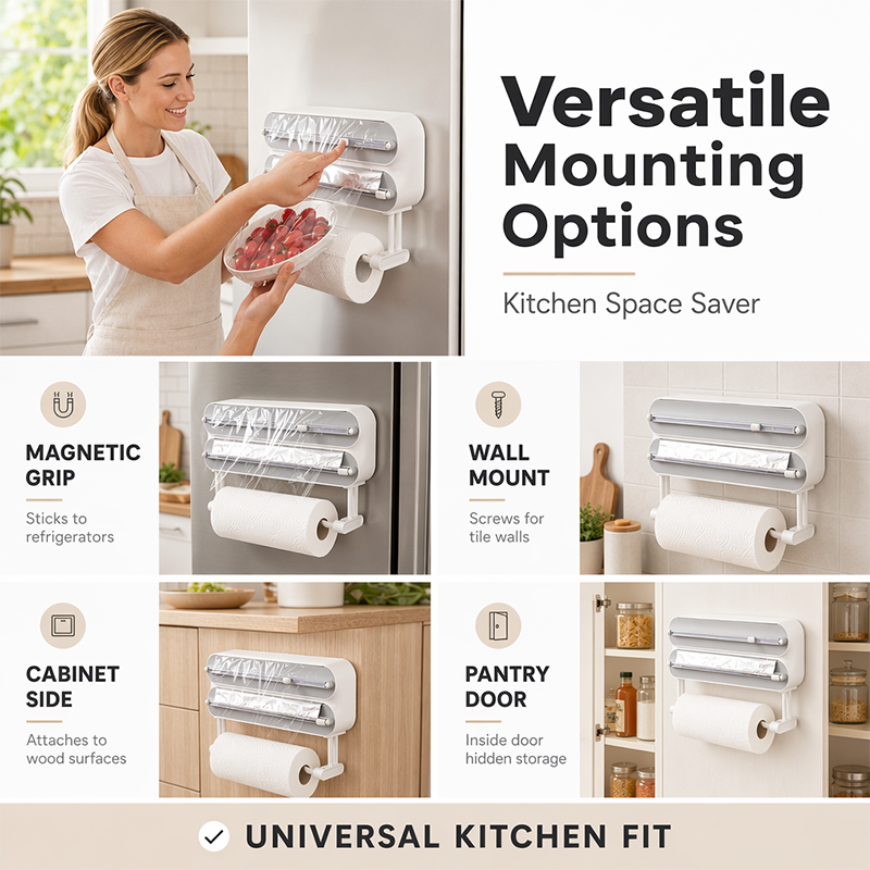 🧲50% OFF NOW! 3-in-1 Magnetic Kitchen Wrap Dispenser – Built-in Cutter Plastic Wrap Foil Dispenser with Paper Towel Holder, No Drilling Wall Mount Kitchen Organizer for Fridge & Cabinet