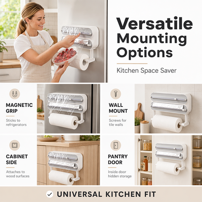 🧲50% OFF NOW! 3-in-1 Magnetic Kitchen Wrap Dispenser – Built-in Cutter Plastic Wrap Foil Dispenser with Paper Towel Holder, No Drilling Wall Mount Kitchen Organizer for Fridge & Cabinet