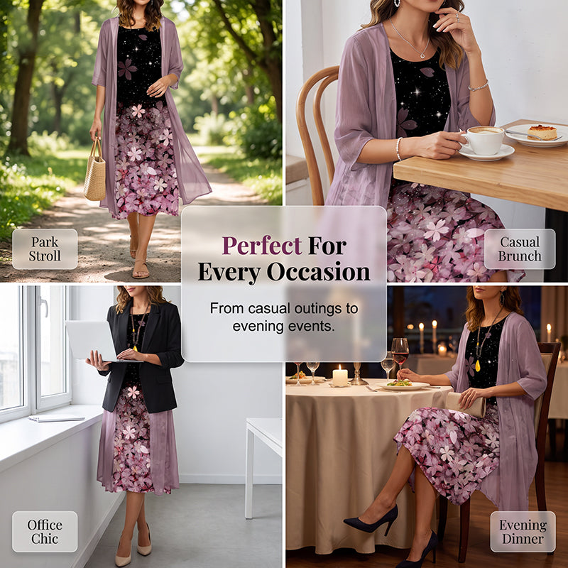 🌸Flattering Floral Dress Set – Elegant Sheer Cardigan & Flattering Summer Style ✨