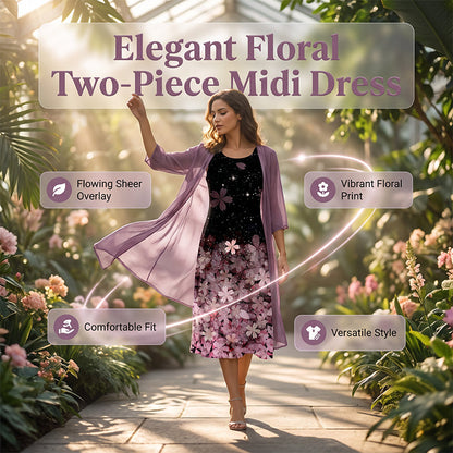 🌸Flattering Floral Dress Set – Elegant Sheer Cardigan & Flattering Summer Style ✨