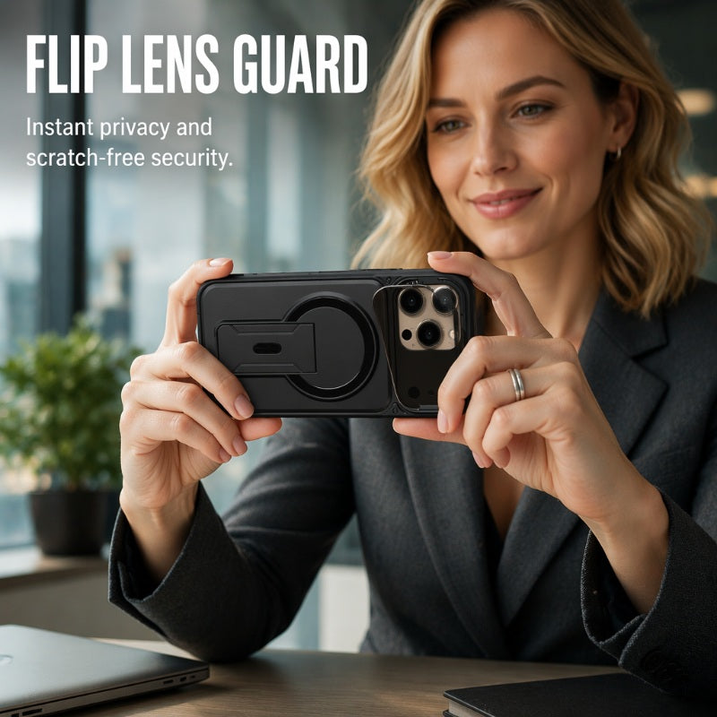 Magnetic Phone Case with Flip Lens Cover and Invisible Kickstand