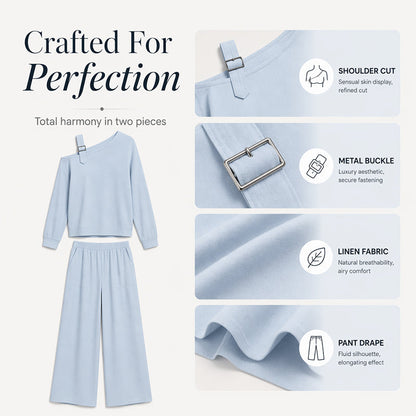 🔥Bestseller🔥 Off-shoulder Wide-leg Two-piece Set, Made Of Soft Blended Fabric, Creating An Elegant Dilhouette.
