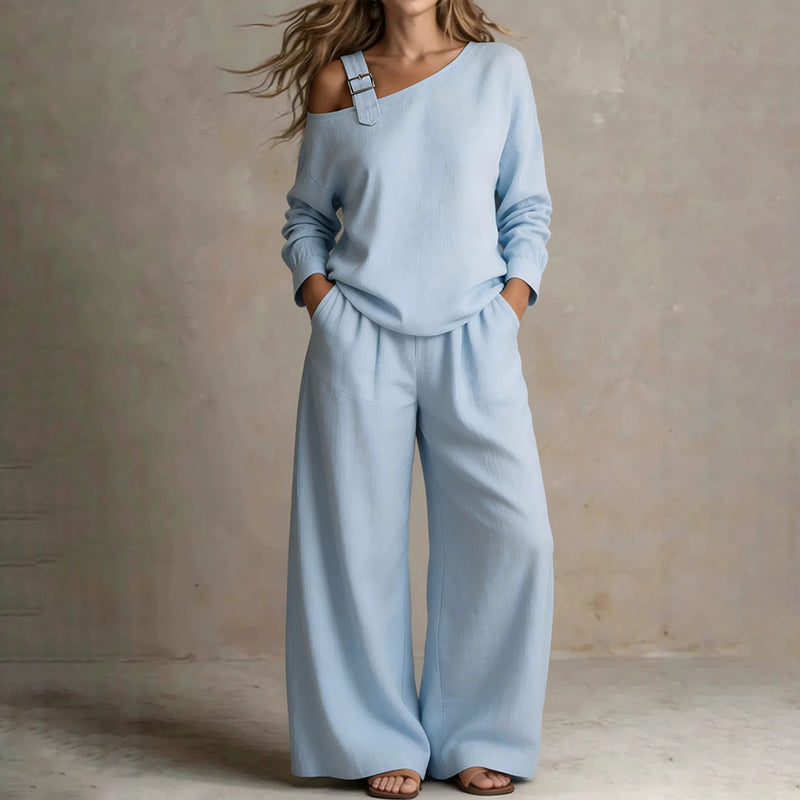 🔥Bestseller🔥 Off-shoulder Wide-leg Two-piece Set, Made Of Soft Blended Fabric, Creating An Elegant Dilhouette.