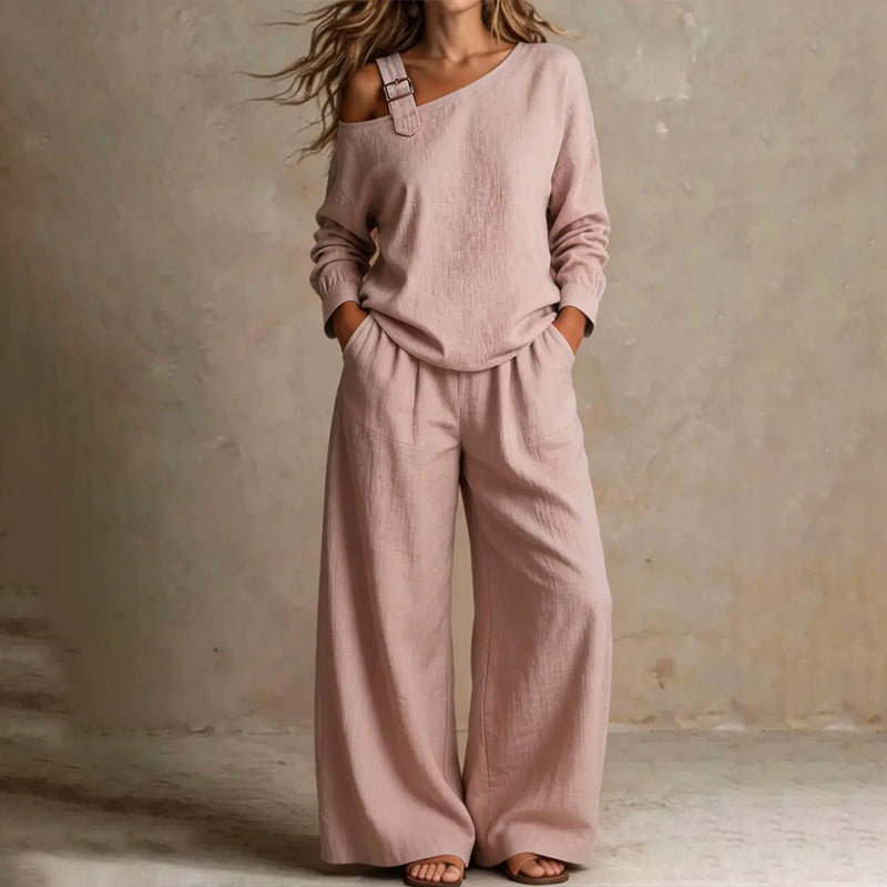 🔥Bestseller🔥 Off-shoulder Wide-leg Two-piece Set, Made Of Soft Blended Fabric, Creating An Elegant Dilhouette.