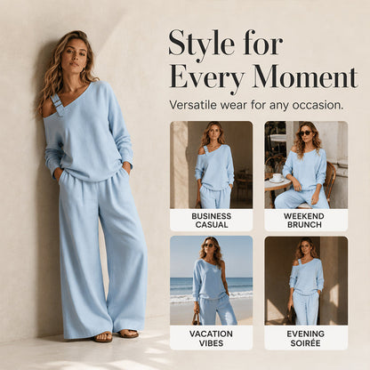 🔥Bestseller🔥 Off-shoulder Wide-leg Two-piece Set, Made Of Soft Blended Fabric, Creating An Elegant Dilhouette.