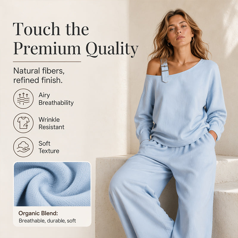 🔥Bestseller🔥 Off-shoulder Wide-leg Two-piece Set, Made Of Soft Blended Fabric, Creating An Elegant Dilhouette.