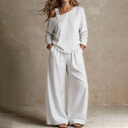 🔥Bestseller🔥 Off-shoulder Wide-leg Two-piece Set, Made Of Soft Blended Fabric, Creating An Elegant Dilhouette.