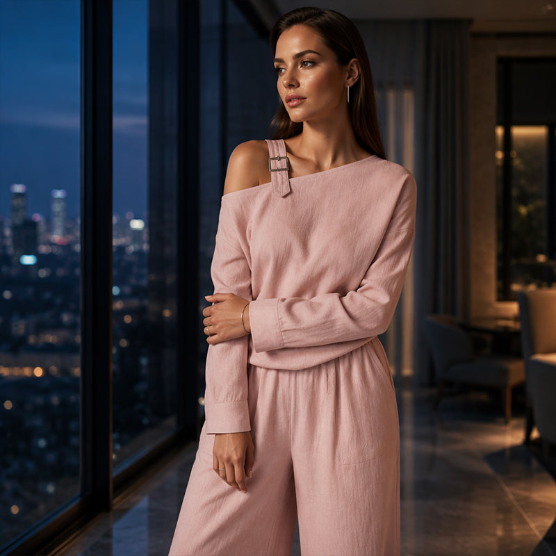🔥Bestseller🔥 Off-shoulder Wide-leg Two-piece Set, Made Of Soft Blended Fabric, Creating An Elegant Dilhouette.