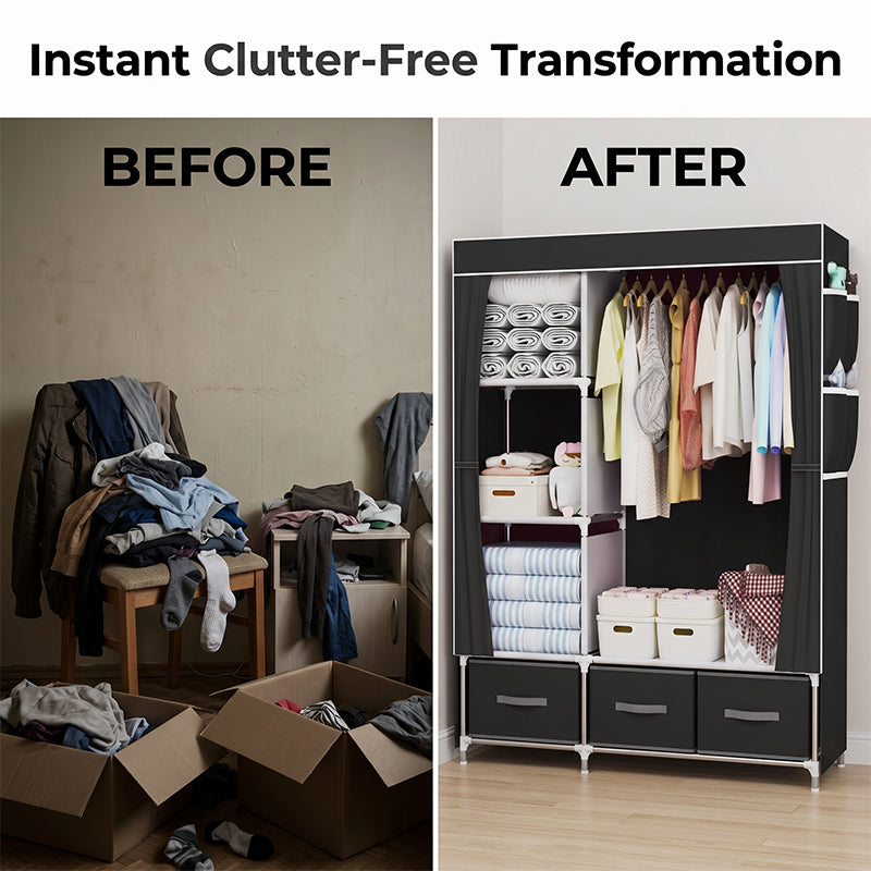 🏠Portable Wardrobe with 3 Drawers – Create A Clutter-Free Bedroom With Smart Storage Space