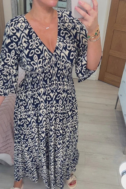 🔥Heißer Verkauf – 50% RABATT ✨ Langes Freizeitkleid mit V-Ausschnitt und Print – Mühelose Eleganz für sonnige Tage & besondere Momente 🌸
