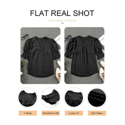 💥🌟 Elevate Your Style With Women's Elegant V-Neck Puff Sleeve Blouse✨